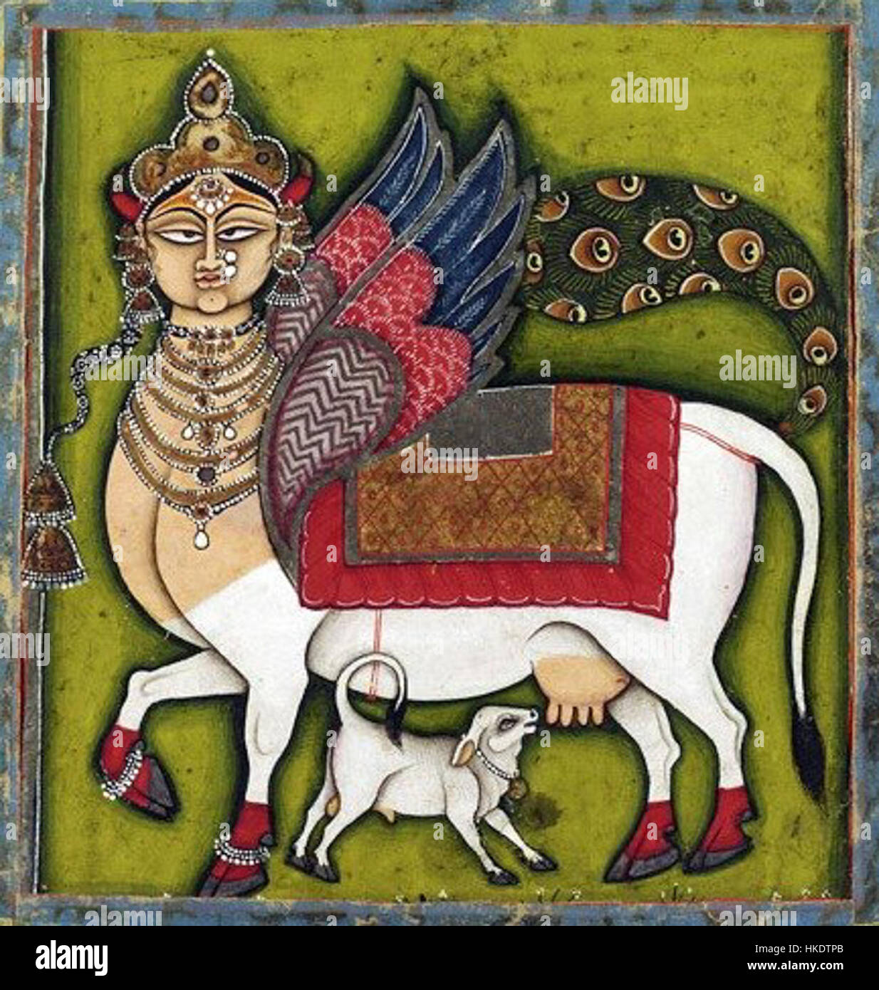 Kamadhenu è una figura venerata nella mitologia indù, spesso raffigurata come una vacca divina. L'opera d'arte ritrae questo simbolo di abbondanza e prosperità in ricchi dettagli, catturando l'essenza della creatura mitologica. Foto Stock