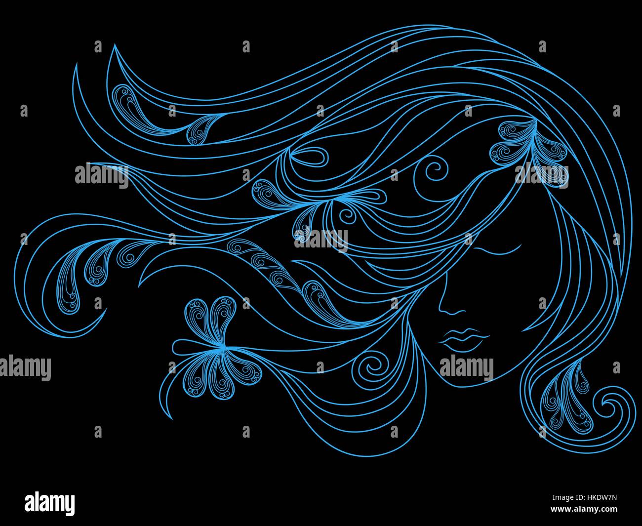 Bella testa femmina con lunghi adornata capelli fluenti, blu contorno vettore isolato su sfondo nero Illustrazione Vettoriale