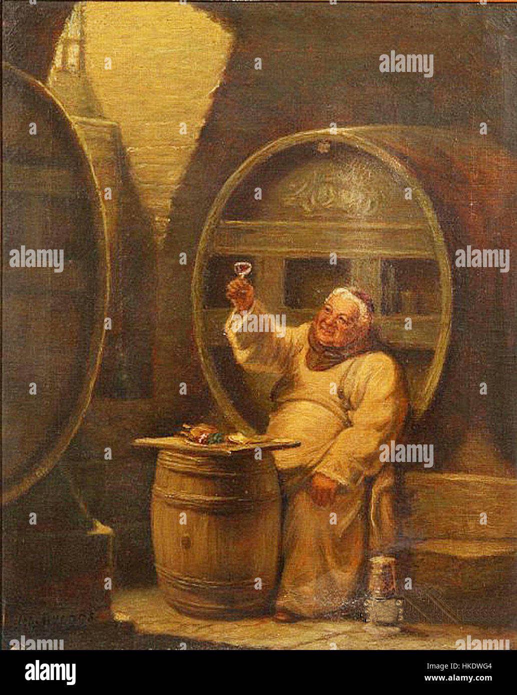 Questo dipinto del XIX secolo di L.A. Biggs ritrae un monaco in un momento contemplativo, bevendo vino. Il pezzo cattura la semplicità e il riflesso della vita monastica durante il periodo. Foto Stock