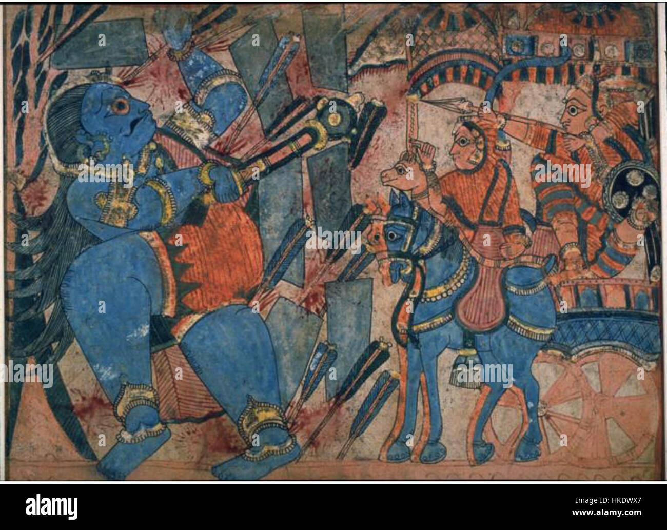 Questa opera raffigura un guerriero nell'atto di sparare frecce ad un Asura, un essere mitico nella mitologia indù e buddista. La scena è ricca di simbolismo, che rappresenta la battaglia in corso tra il bene e il male nelle antiche tradizioni mitologiche. Foto Stock