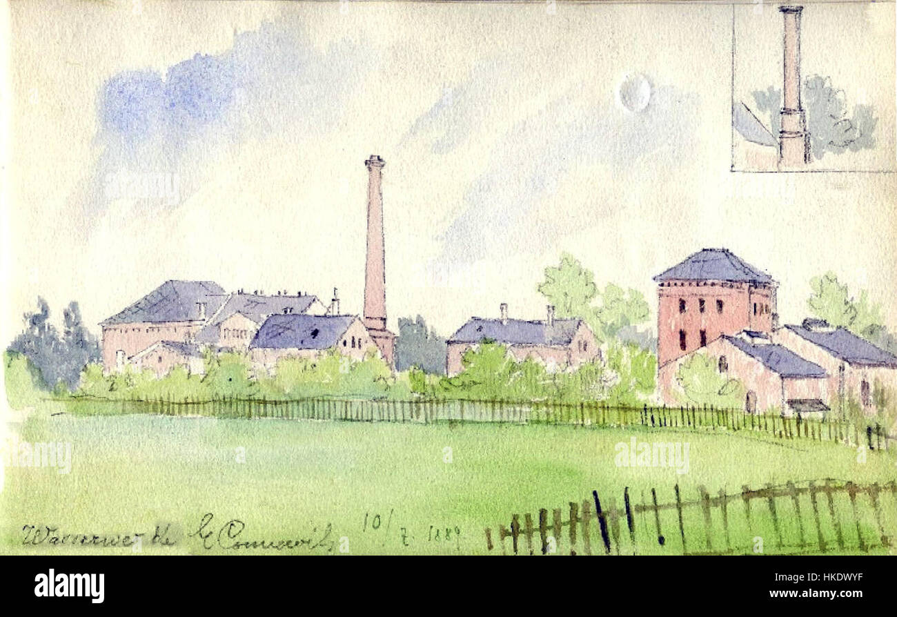 Un dipinto del 1889 intitolato "Wasserwerke zu Connewitz", raffigurante l'infrastruttura delle opere d'acqua a Connewitz, Lipsia, Germania. Le opere d'arte evidenziano il significato architettonico e industriale del periodo, mostrando i progressi tecnici nella gestione delle acque durante la fine del XIX secolo. Foto Stock