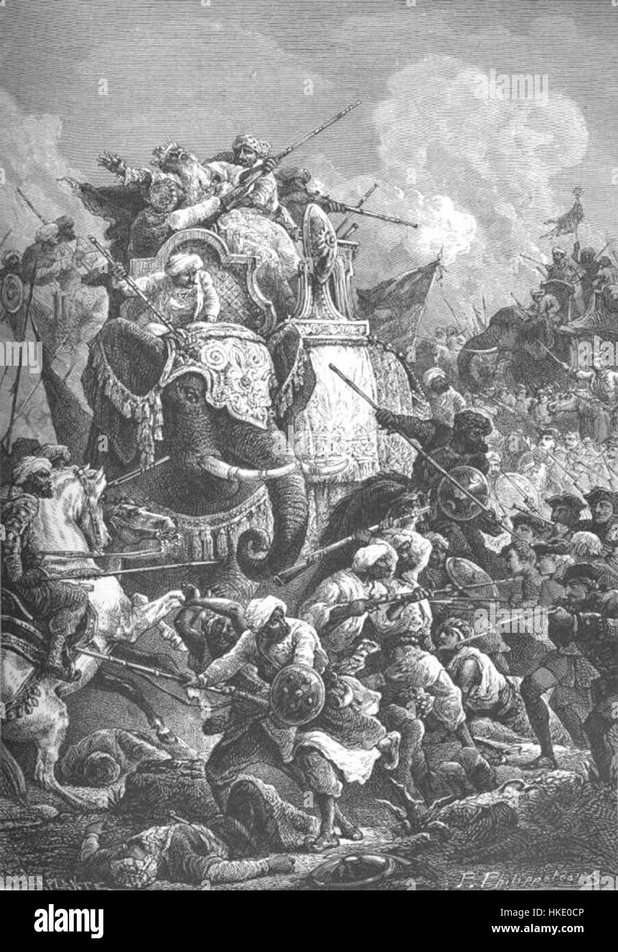 Un dipinto drammatico di Paul Philipoteaux raffigurante la morte del Nabob della Carnatica. L'opera d'arte ritrae l'evento più importante della storia con dettagli vividi e precisione storica. Foto Stock