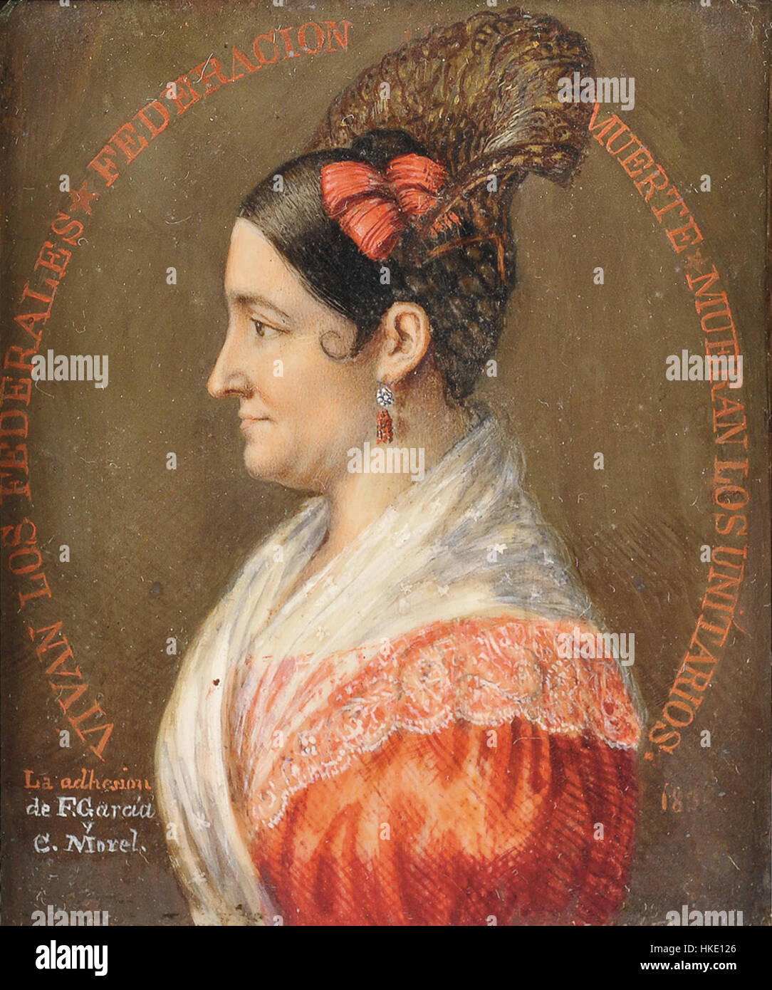 "Encarnacion Ezcurra 1835" è un ritratto della donna messicana, una figura influente nella storia messicana. Questo dipinto ad olio mostra l'abilità dell'artista nel catturare l'eleganza e il significato del suo ruolo nelle sfere politiche e sociali della nazione durante il XIX secolo. Foto Stock
