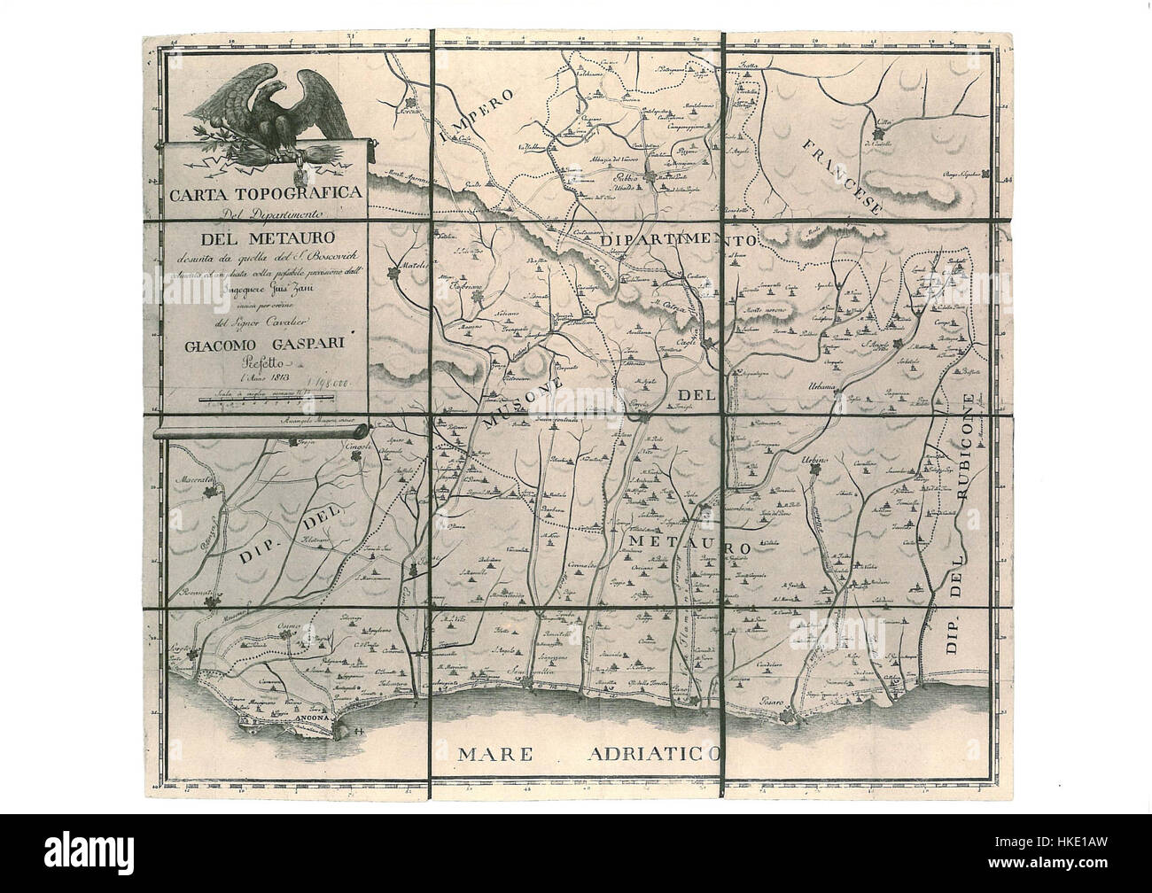 Questa mappa topografica del 1813 di Giuseppe Zani fornisce una visione dettagliata del dipartimento di Metauro in Italia, riflettendo le divisioni geografiche e amministrative dell'epoca. Offre informazioni storiche sulla cartografia del XIX secolo e sulla topografia della regione. Foto Stock