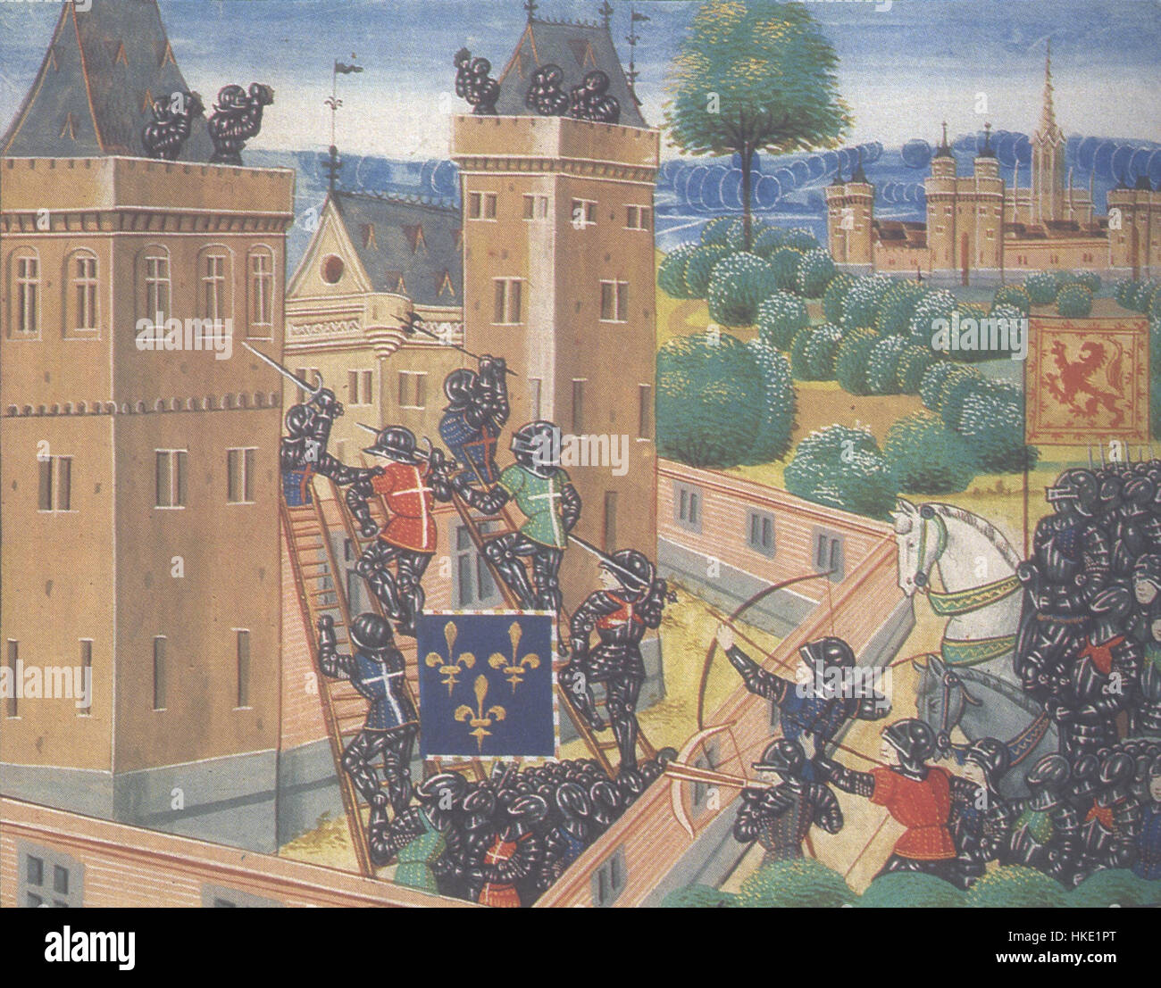 Il dipinto raffigura l'attacco storico al castello di Wark, illustrando le tattiche di assedio e battaglia utilizzate durante il periodo medievale. L'opera d'arte trasmette l'intensità e il dramma del conflitto, riflettendo le strategie militari medievali. Foto Stock