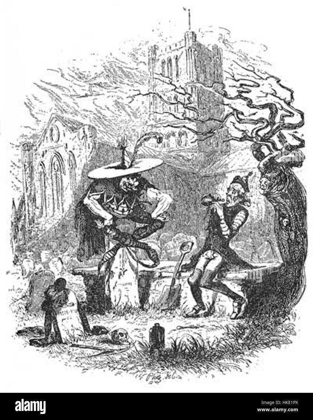 Una scena tratta da "Pickwick Papers" di Charles Dickens, illustrata da le lutin et le bedeau, che cattura il fascino e l'umorismo dei personaggi di Dickens. L'illustrazione raffigura le figure chiave in un ambiente comico. Foto Stock