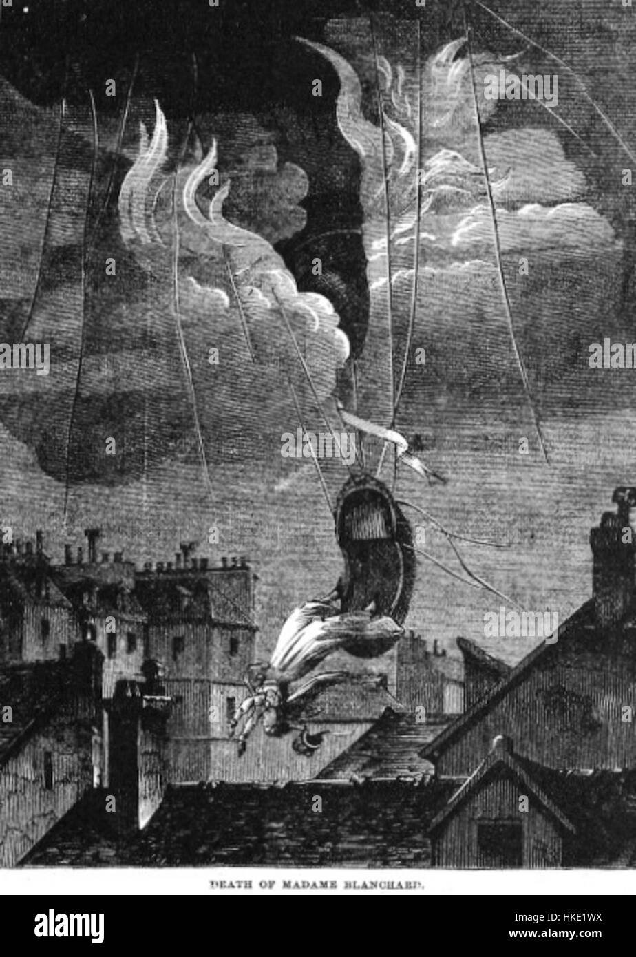 'Blanchard Death' si riferisce probabilmente a un'opera d'arte che ritrae la tragica morte di Jean-Pierre Blanchard, il primo uomo a volare attraverso il Canale della Manica in mongolfiera. Il pezzo cattura i suoi ultimi momenti o le conseguenze dell'evento. Foto Stock