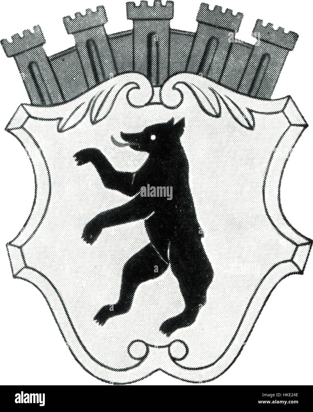 Questa piccola rappresentazione del 1900 dello stemma di Berlino presenta l'iconico simbolo della capitale tedesca. Il design include l'orso, che a lungo rappresenta la città, posto contro uno scudo rosso e bianco. Questo emblema è un simbolo storico significativo dell'identità e del patrimonio culturale di Berlino. Foto Stock