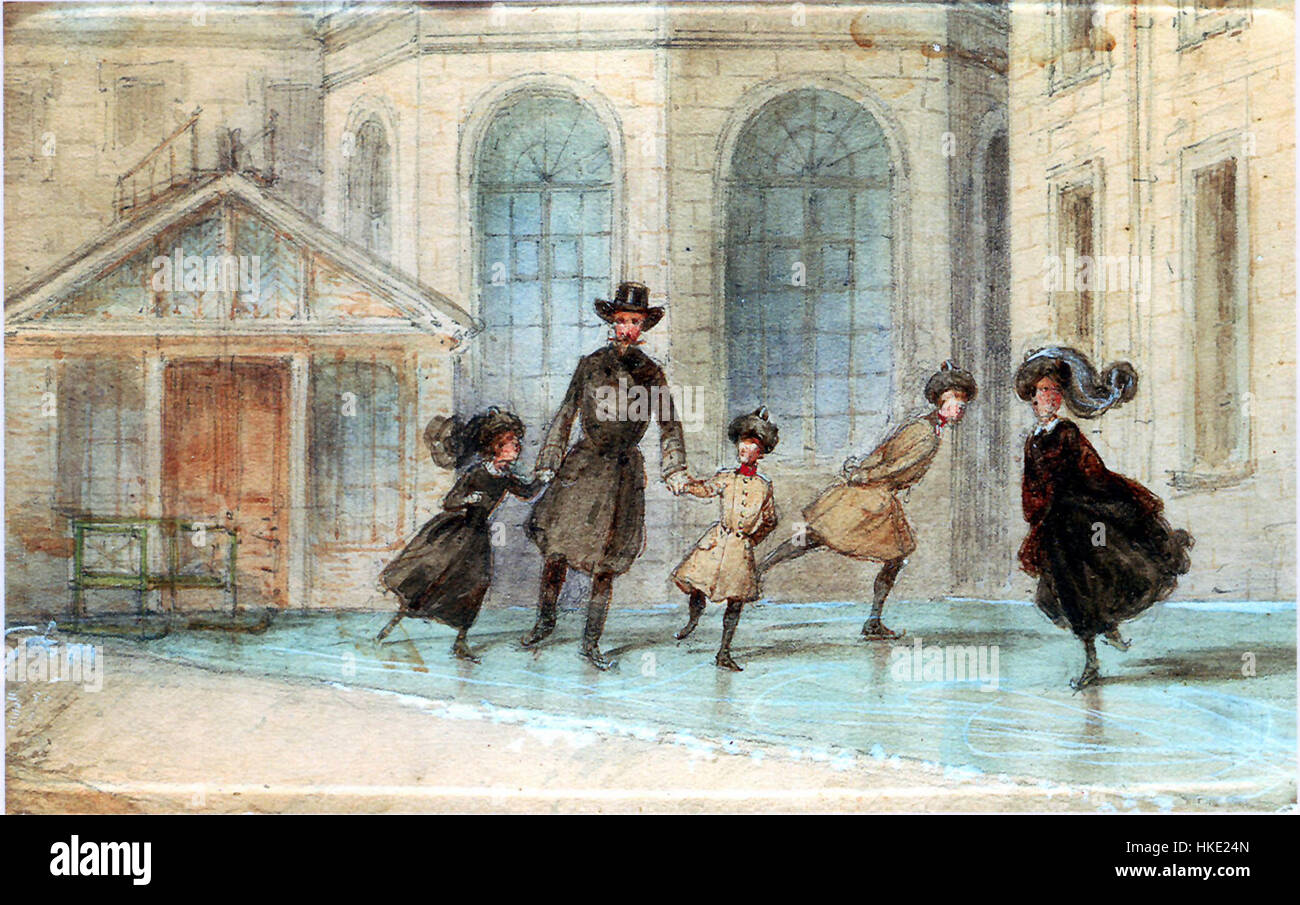 Questo dipinto raffigura i figli del granduca Constantin Nikolaevich di Russia che pattinano, catturando un momento familiare di spensieratezza in un ambiente invernale imperiale russo. Foto Stock
