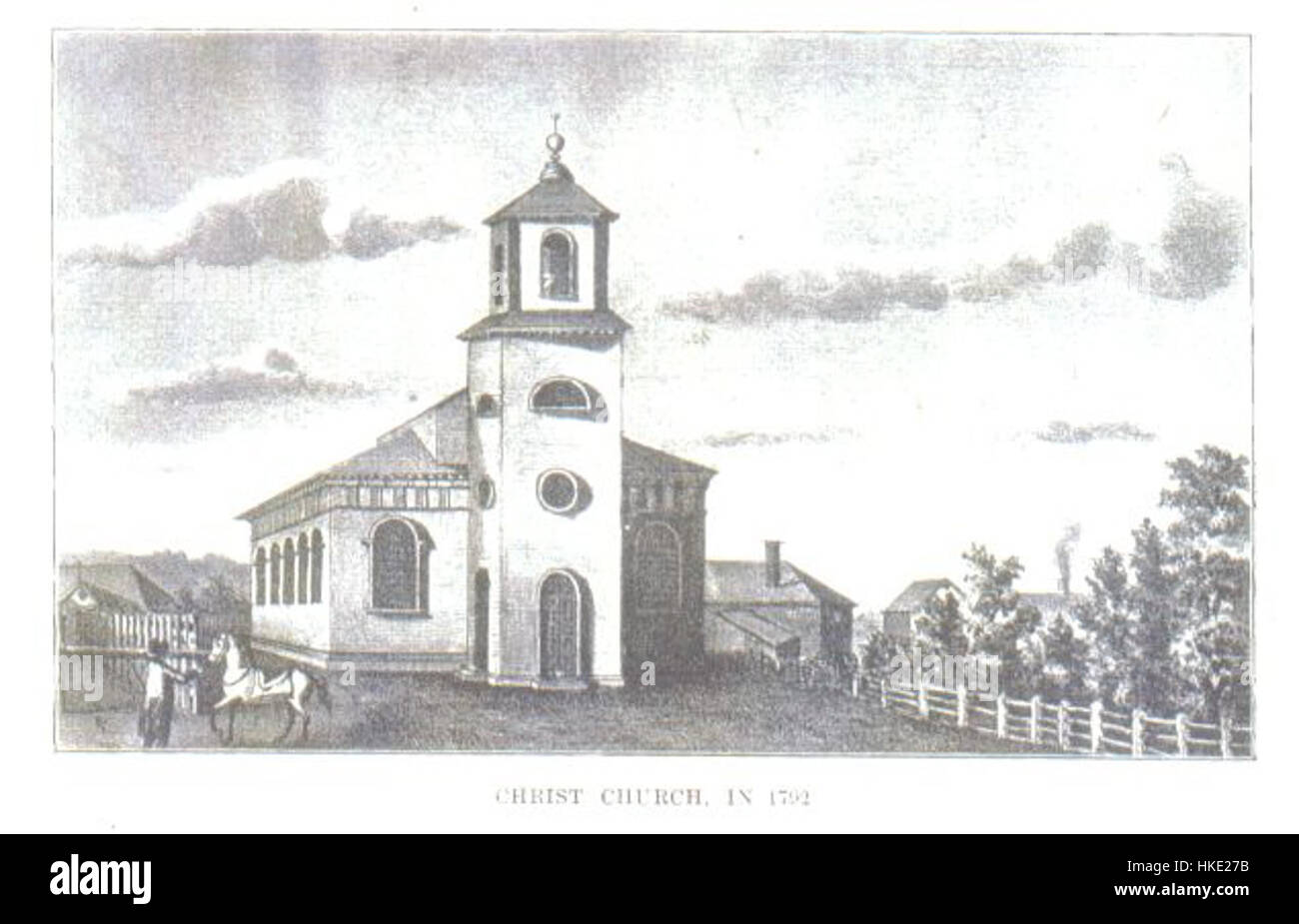 Un dipinto storico di Christ Church a Cambridge del 1792, che cattura l'architettura e l'atmosfera dell'iconico edificio. Questo pezzo è significativo per la sua rappresentazione del design della chiesa dei primi anni del XVIII secolo. Foto Stock