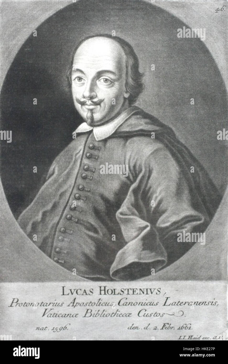 Lucas Holstenius, un importante studioso e artista del XVII secolo, è noto per i suoi contributi all'arte e alla documentazione storica. Le sue opere si concentrano spesso su figure storiche e temi intellettuali del suo tempo. Foto Stock