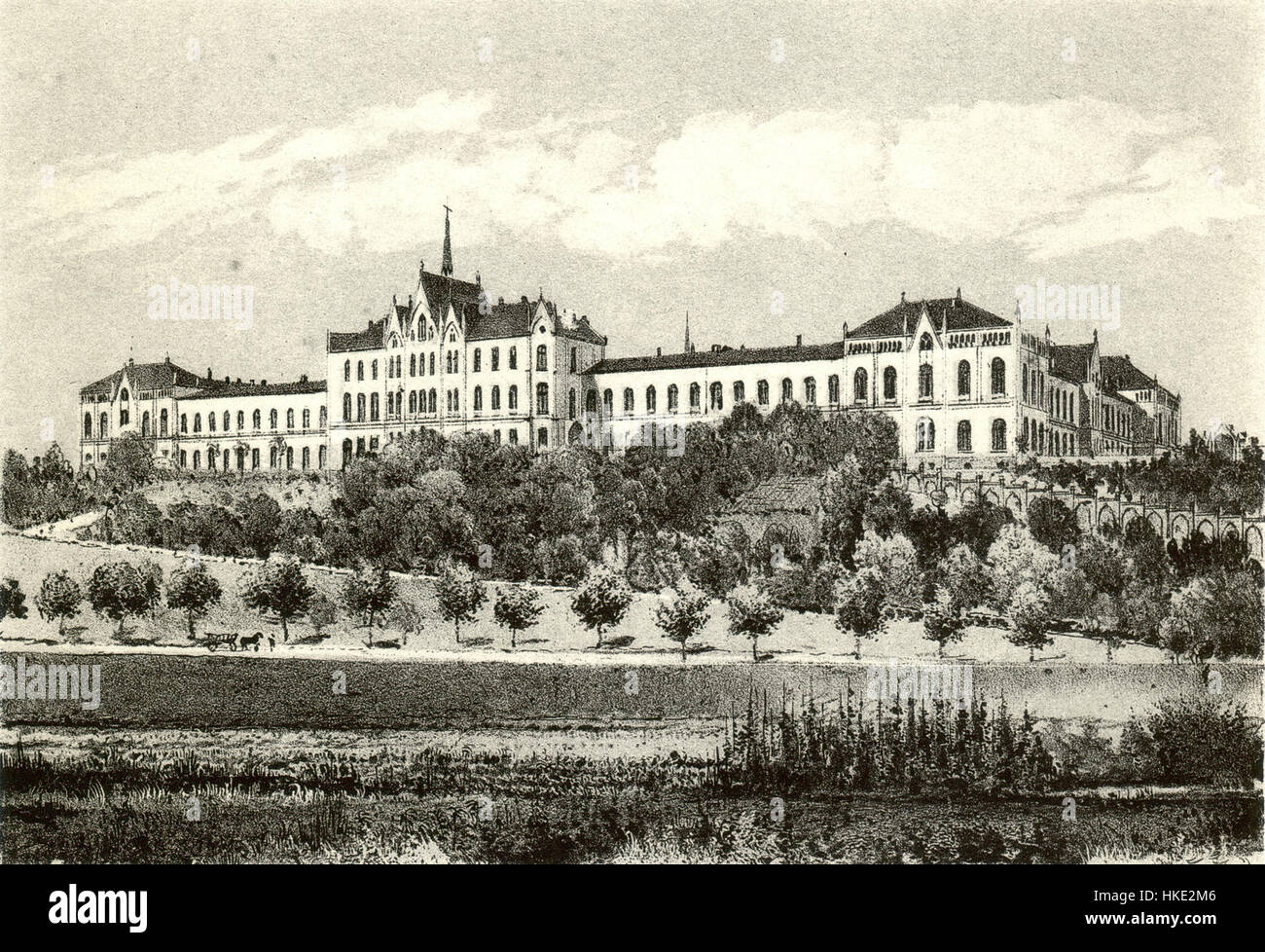 Questa foto storica di Goettingen Landeskrankenhaus cattura il design architettonico dell'ospedale, evidenziando il suo significato storico nella storia medica tedesca. Foto Stock