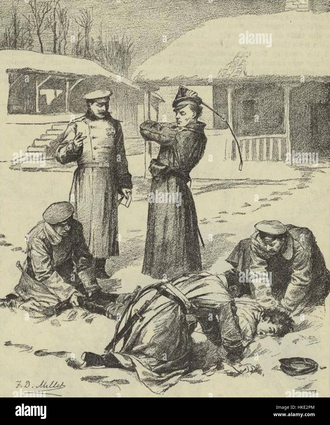 *Fifty Lashes* di Francis Davis Millet è un'opera commovente che raffigura un momento di punizione durante l'era della guerra civile americana. Il dipinto si concentra sulla dura realtà della punizione corporale, possibilmente all'interno di un ambiente militare o carcerario, evidenziando la sofferenza e la disciplina del tempo. Foto Stock