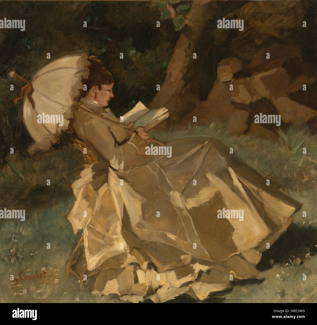 Questo dipinto del XIX secolo di un ignoto artista francese ritrae una donna che regge un ombrello, incapsulando l'eleganza e la moda del tempo in modo delicato e raffinato. Foto Stock