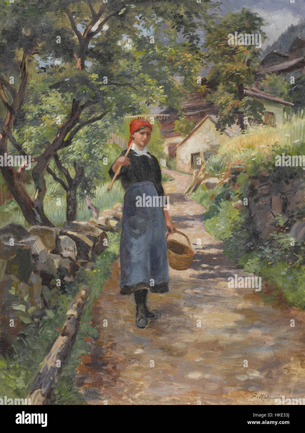 "Paysanne au cerneaux" di Fritz Edouard Huguenin Lassauguette è una vivace scena rurale, con una contadina con un cesto di noci. Il dipinto ad olio riflette l'abilità dell'artista nel catturare la classe operaia rurale e le loro vite semplici ma significative. Foto Stock