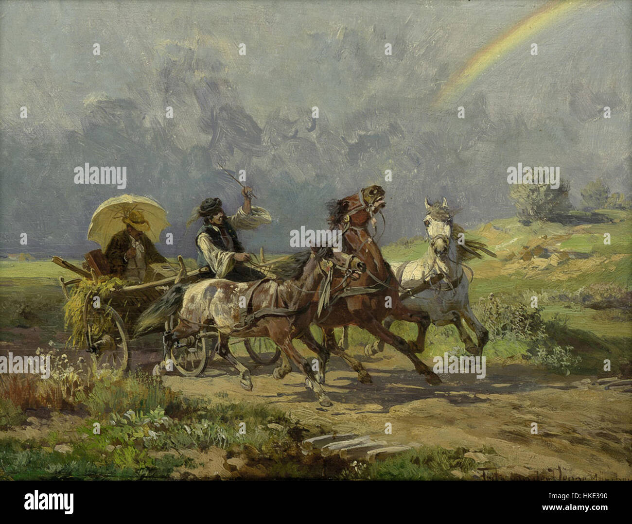 "Pferdegespann" (squadra di cavalli) di Fritz van der Venne è un dipinto suggestivo che raffigura una squadra di cavalli. L'artista cattura sapientemente il potere e la grazia di questi animali, utilizzando pennellate per migliorare il realismo della scena. Questo pezzo è molto apprezzato nel contesto dell'arte equina del XIX secolo. Foto Stock