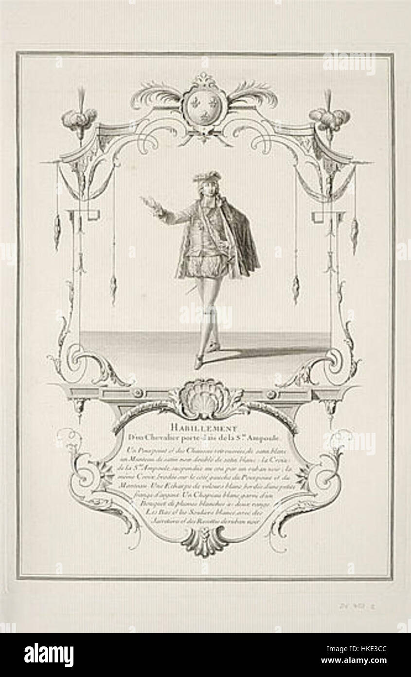 Questa opera raffigura l'abbigliamento di un cavaliere che tiene la Sacra ampolla, un manufatto religioso. Il dipinto mostra l'abito cerimoniale medievale e il significato simbolico della Sacra ampolla nella storia francese. Foto Stock