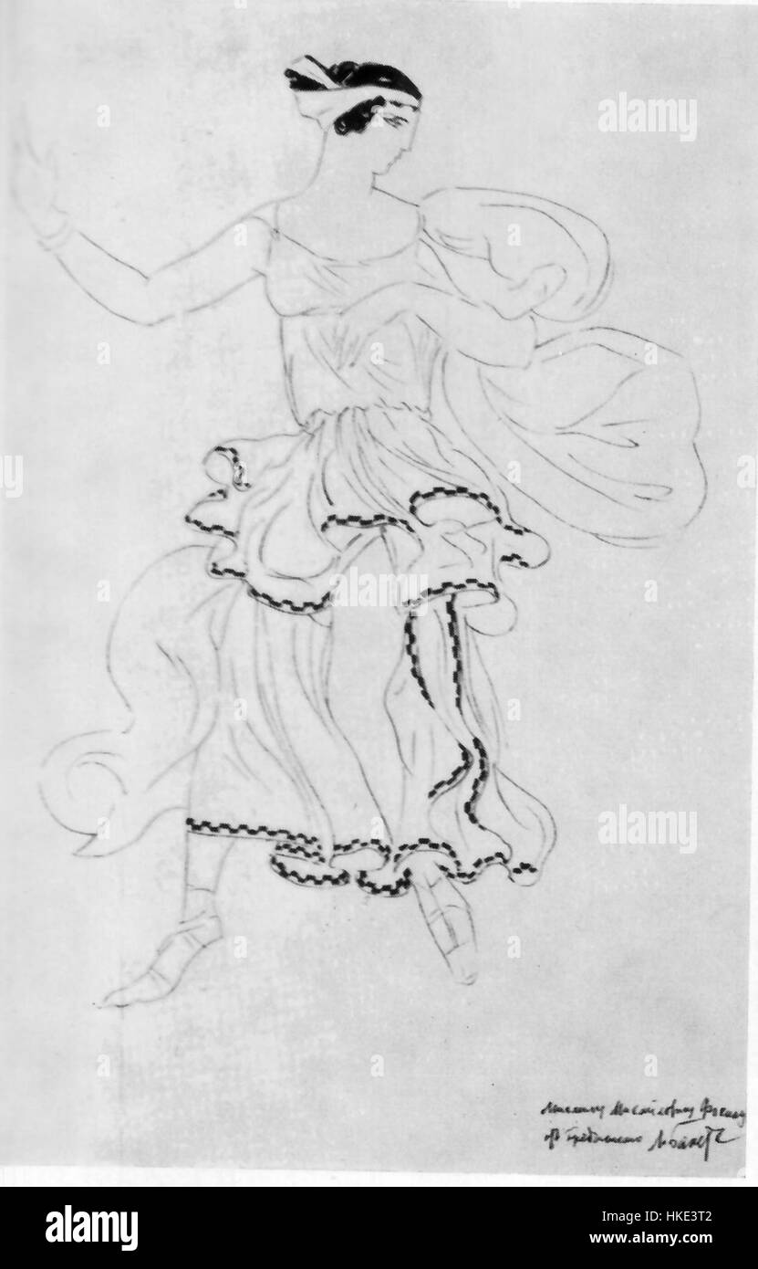 *Costume greco* di L. Bakst è un disegno per un costume teatrale con abbigliamento di ispirazione greca. Il design del costume riflette la padronanza di Bakst nel design del costume da palcoscenico, con un'attenzione ai motivi intricati e ai colori vivaci per una presentazione spettacolare. Foto Stock