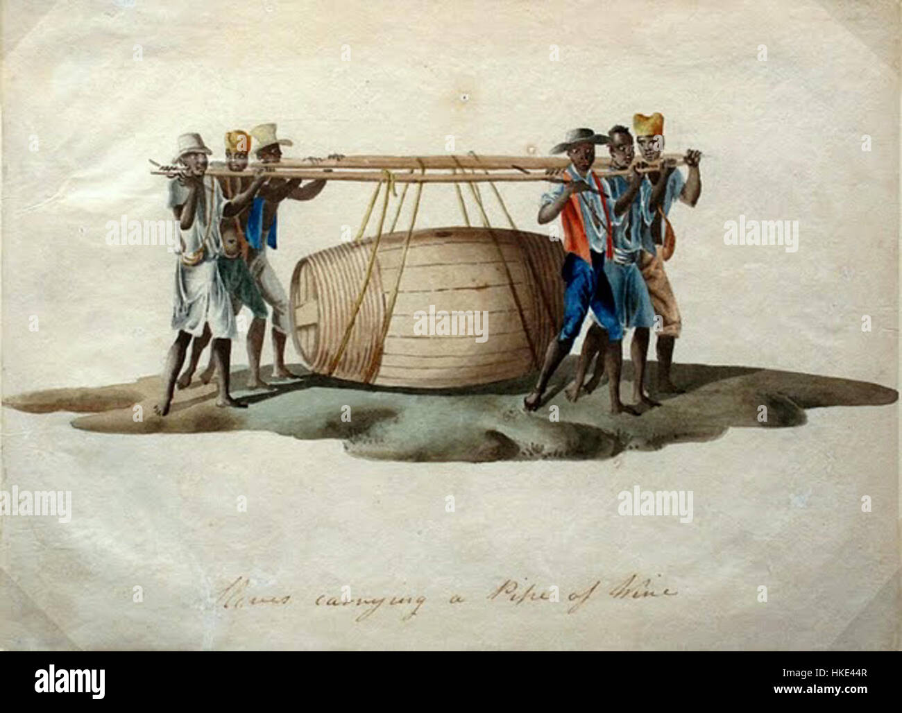 Questo dipinto del XIX secolo di Henry Chamberlain raffigura lavoratori che caricano barili di vino su una nave a Escravos, riflettendo l'importanza del commercio e dei trasporti nell'epoca. Il lavoro è ricco di contesto storico, mettendo in risalto il lavoro e l'industria. Foto Stock