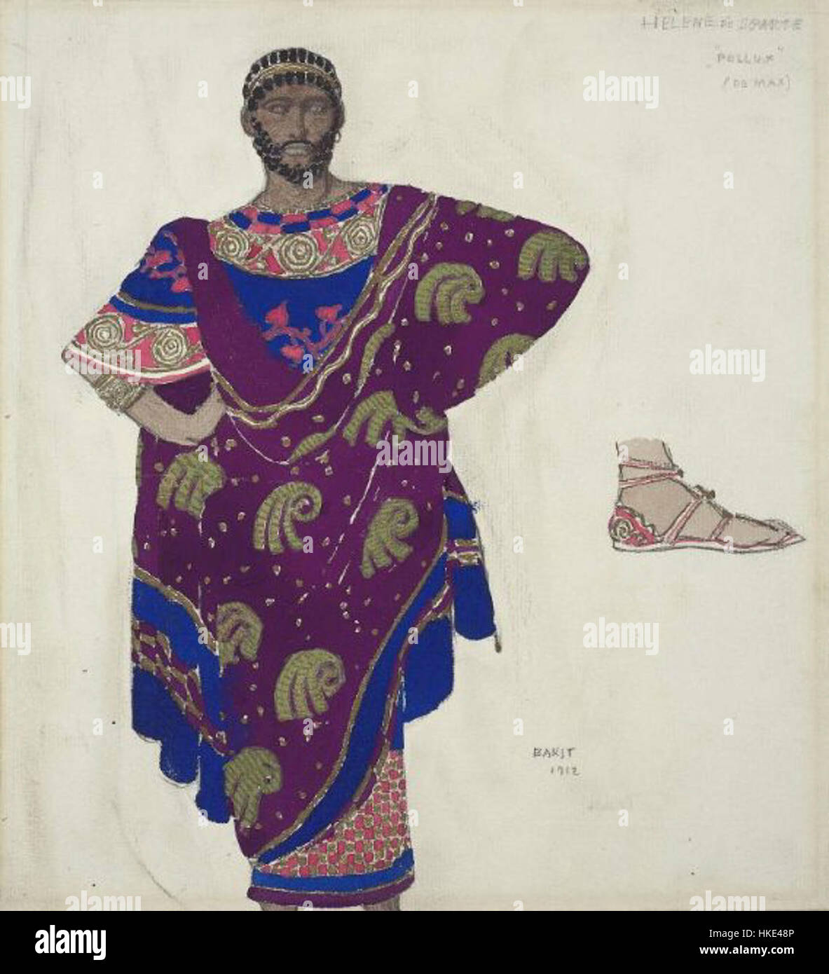 Questo costume da balletto del XX secolo disegnato da Leon Bakst per Helene de Sparte combina colori vivaci e dettagli elaborati, riflettendo lo stile distintivo di Bakst nel set e nel costume design per il mondo del balletto. Foto Stock