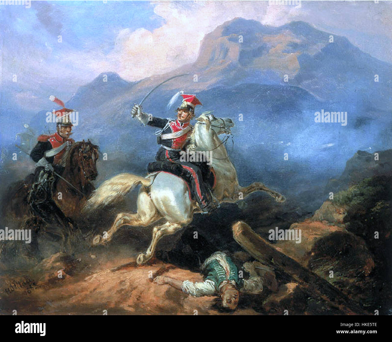 Un dipinto storico che raffigura il generale Jan Kozietulski a capo di una carica di cavalleria durante la battaglia di Somosierra nel 1808. La battaglia fu parte delle guerre napoleoniche, dove il coraggio di Kozietulski nell'attaccare le fortificazioni spagnole divenne leggendario. Foto Stock