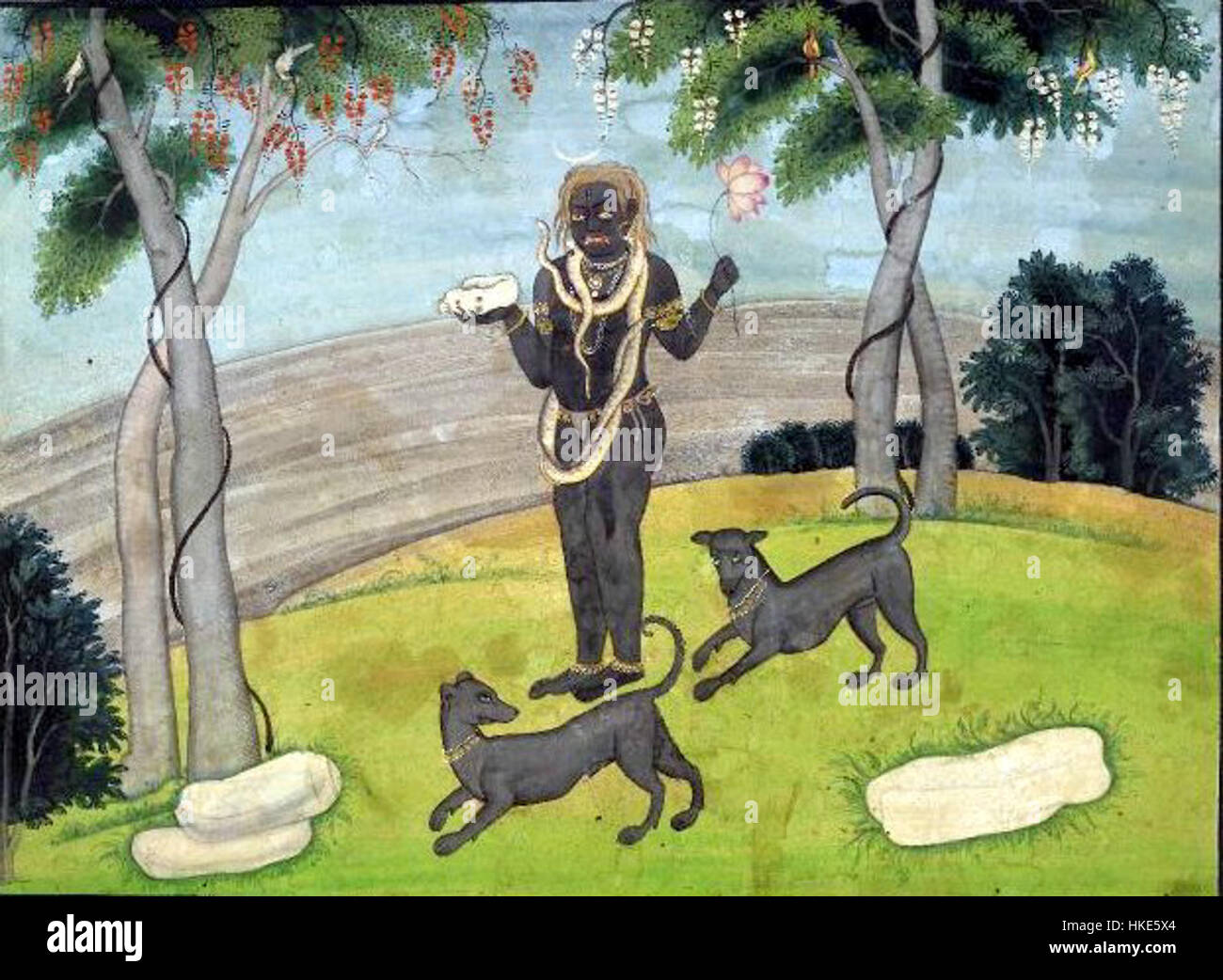 Una rappresentazione di Kala Bhairava, la feroce manifestazione del Signore Shiva nella tradizione indù. L'opera d'arte ritrae la divinità in una posa drammatica e dinamica, simboleggiando il tempo e la distruzione. Foto Stock