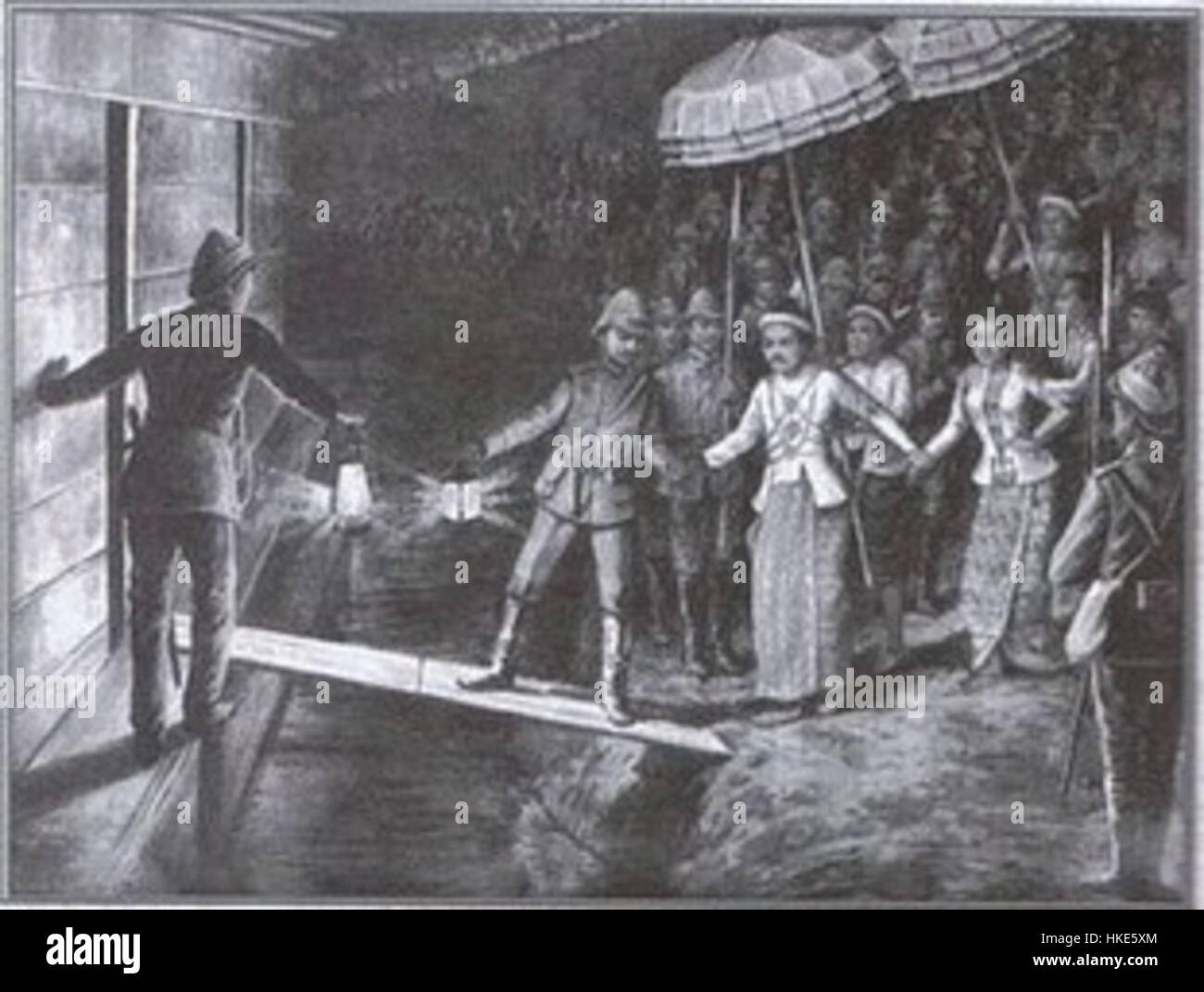 Il dipinto raffigura re Thibaw, l'ultimo re di Birmania, mandato in esilio. Dopo l'annessione britannica della Birmania nel 1885, re Thibaw fu detronizzato ed esiliato in India, segnando la fine della monarchia birmana e un momento cruciale nella storia del sud-est asiatico. Foto Stock
