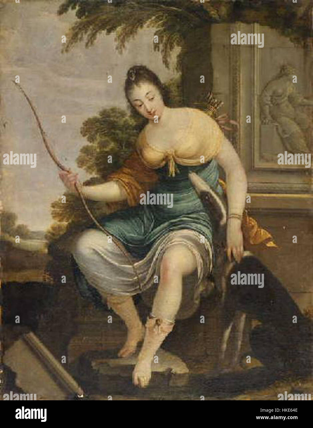 Questo ritratto del XVIII secolo raffigura la Comtesse de Beauvais nei panni di Diana la Cacciatrice, incarnando ideali classici di bellezza e grazia. La figura è raffigurata con un arco e una faretra, che simboleggiano la dea romana della caccia e la luna. Foto Stock
