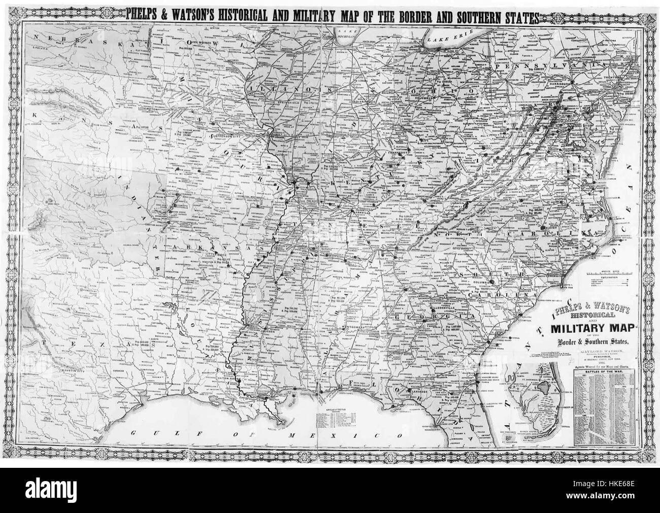 Questa storica mappa militare del 1866, creata da Phelps & Watson, raffigura il confine e gli stati meridionali degli stati Uniti. È una risorsa preziosa per comprendere la geografia e la strategia militare durante il periodo post-guerra civile. Foto Stock