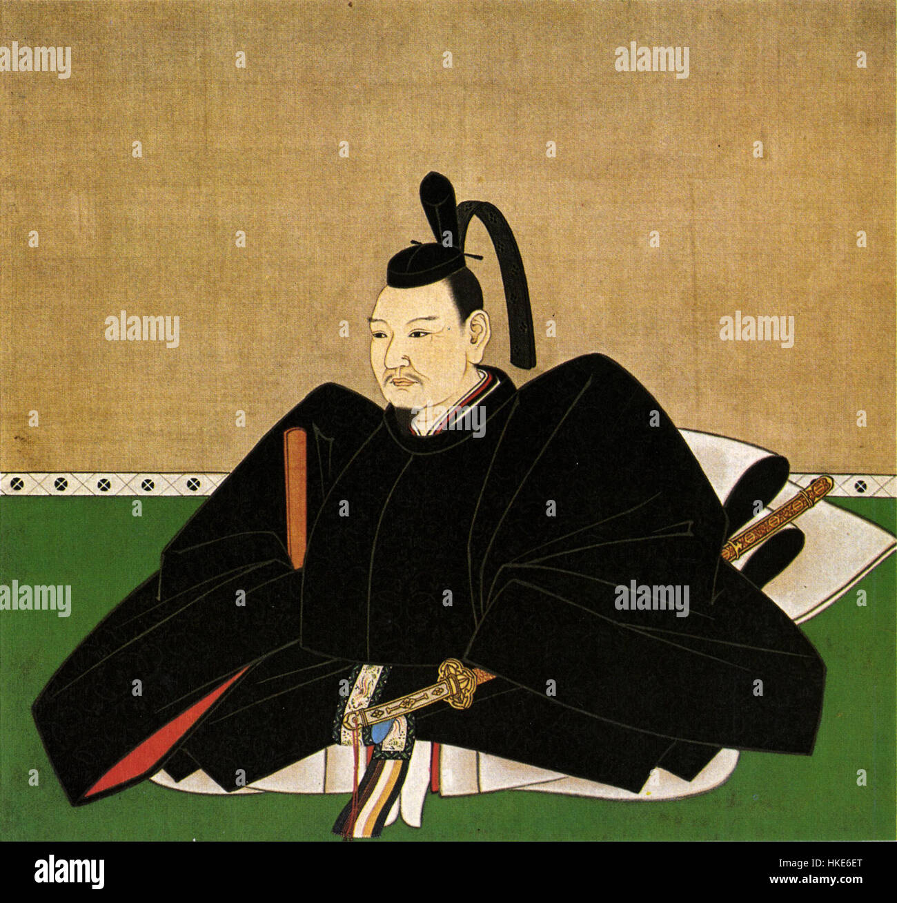 Hosokawa Masamoto era un samurai e guerriero giapponese. Questo dipinto cattura la sua somiglianza, mostrando l'armatura e l'abbigliamento tradizionali indossati dai samurai durante il periodo Sengoku della storia del Giappone. Foto Stock