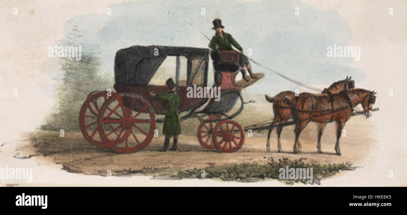 Questa opera d'arte del XIX secolo raffigura una carrozza trainata da cavalli, un simbolo di trasporto all'inizio dell'era moderna. Il dipinto mostra l'elegante design della carrozza e l'importanza sociale del trasporto trainato da cavalli nei primi anni '1800, prima dell'ascesa dei veicoli a motore. Foto Stock