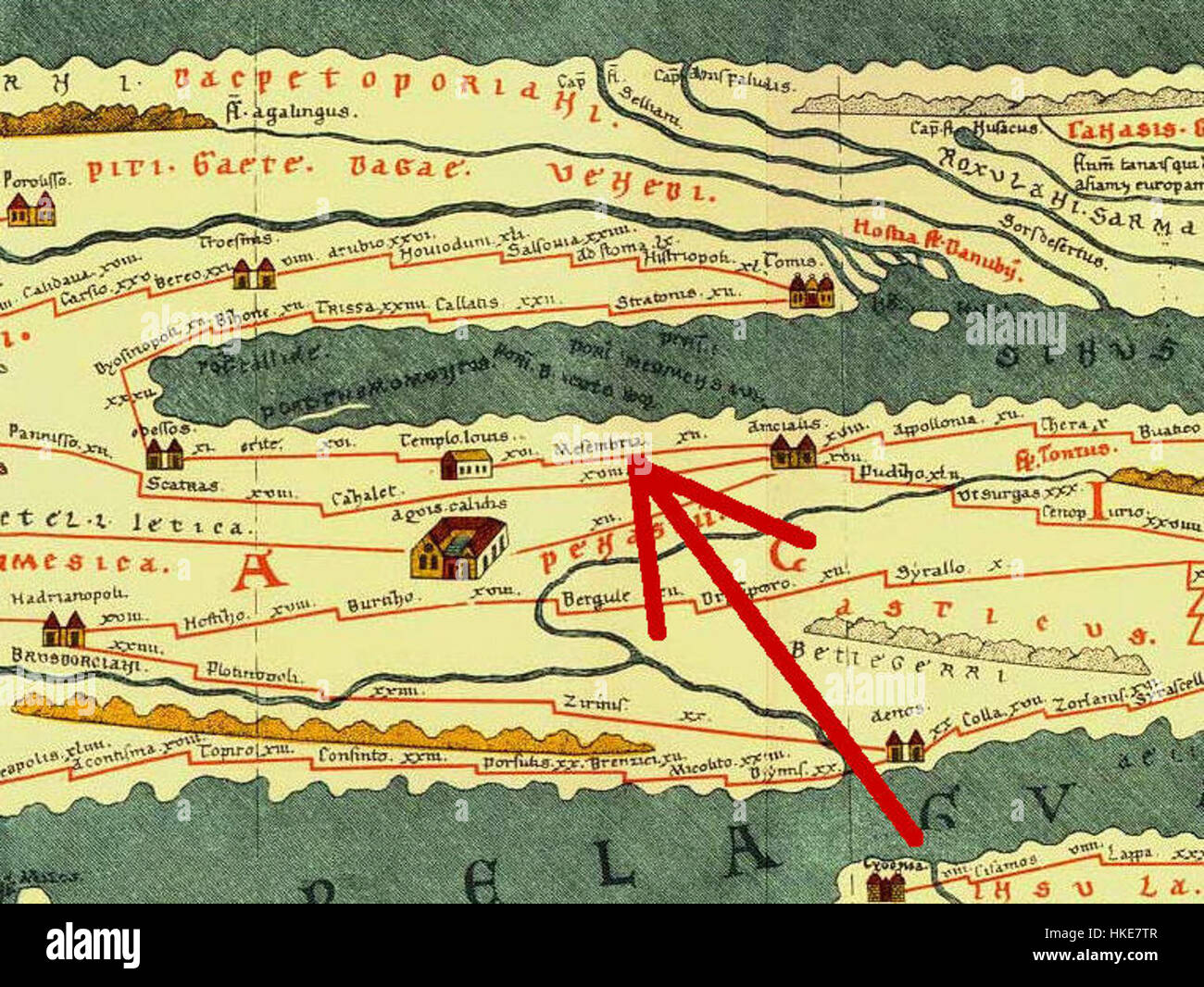 La Tabula Peutingeriana è un'antica mappa stradale romana, e questa immagine di Messembria (l'attuale Nessebar, Bulgaria) fornisce informazioni sulle infrastrutture romane e sulla pianificazione della città durante l'apice dell'impero. Foto Stock