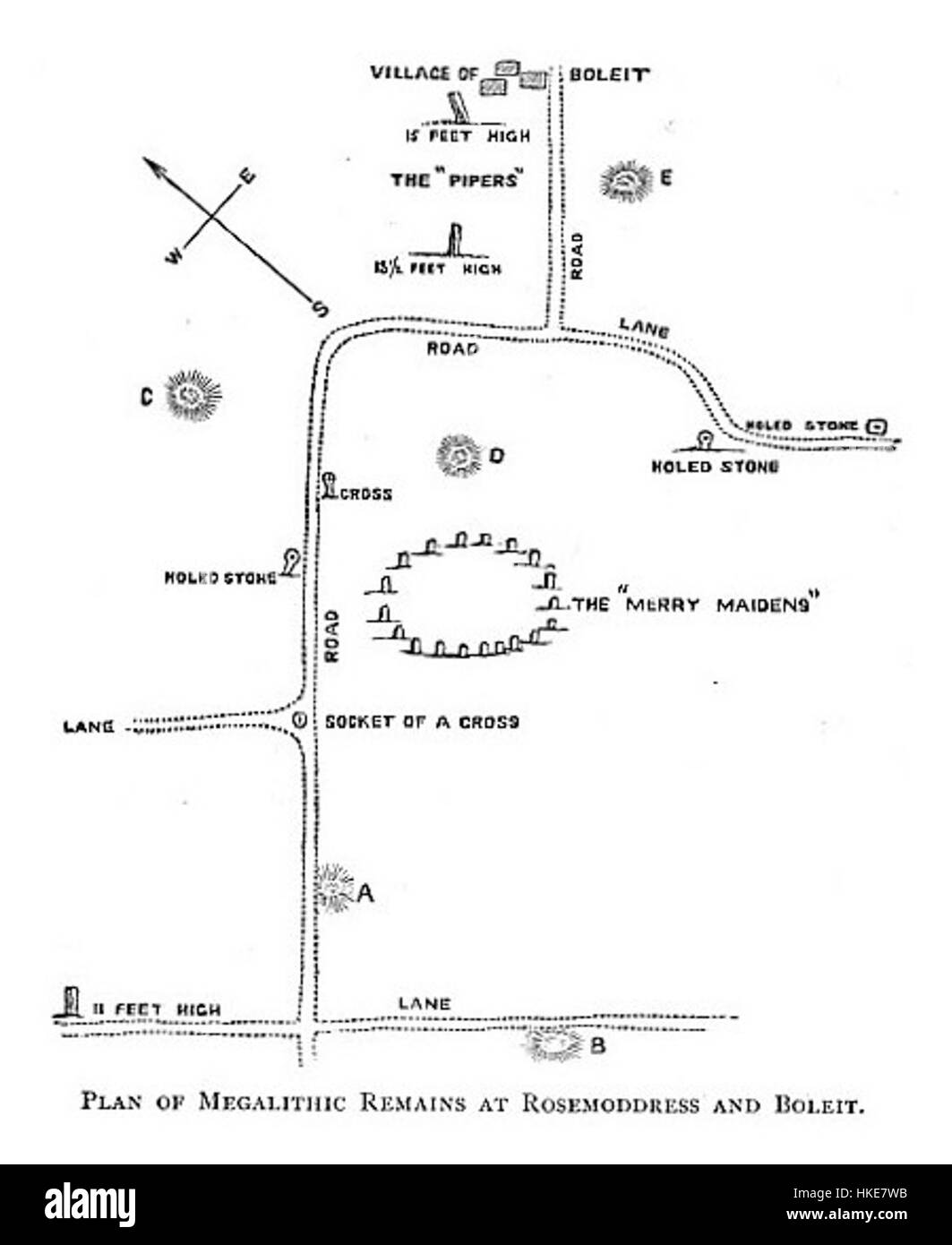 Merrymaidens è un famoso cerchio di pietre situato in Cornovaglia, Inghilterra. La famiglia Borlase ha svolto un ruolo significativo nello studio e nella conservazione di questo antico monumento. Le origini e lo scopo del cerchio sono ancora oggetto di ricerca e fascino. Foto Stock