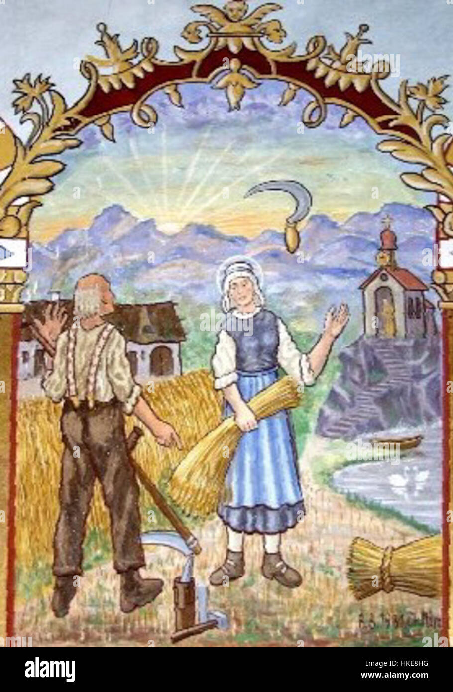 Questa opera d'arte storica raffigura Notburg von Rattenberg, una figura religiosa del Medioevo. Il dipinto la presenta come simbolo di devozione e santità, riflettendo la vita spirituale del tempo. Foto Stock