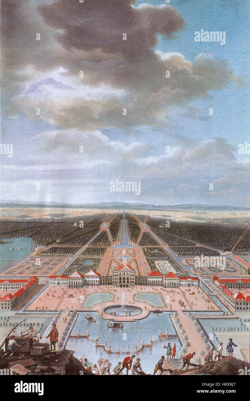 Questo dipinto del 1730 di *Nymphenburg* di de Geer presenta una veduta del Palazzo di Nymphenburg, situato vicino a Monaco, Germania. L'opera cattura l'eleganza dell'architettura del palazzo e la grandiosità dei giardini circostanti, simboli del potere e della ricchezza reale bavarese. Foto Stock