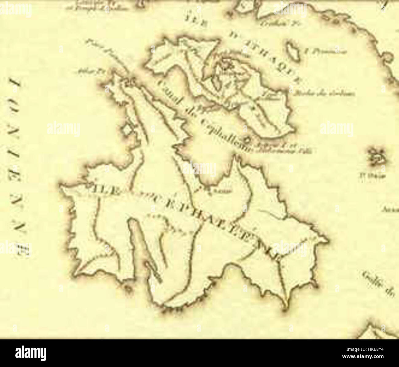 Questa vecchia mappa di Cefalonia offre uno sguardo storico sulla geografia dell'isola, riflettendo la struttura dell'area e le divisioni territoriali in quel momento. La mappa cattura il paesaggio e gli insediamenti dell'isola, preziosi per gli studi storici. Foto Stock