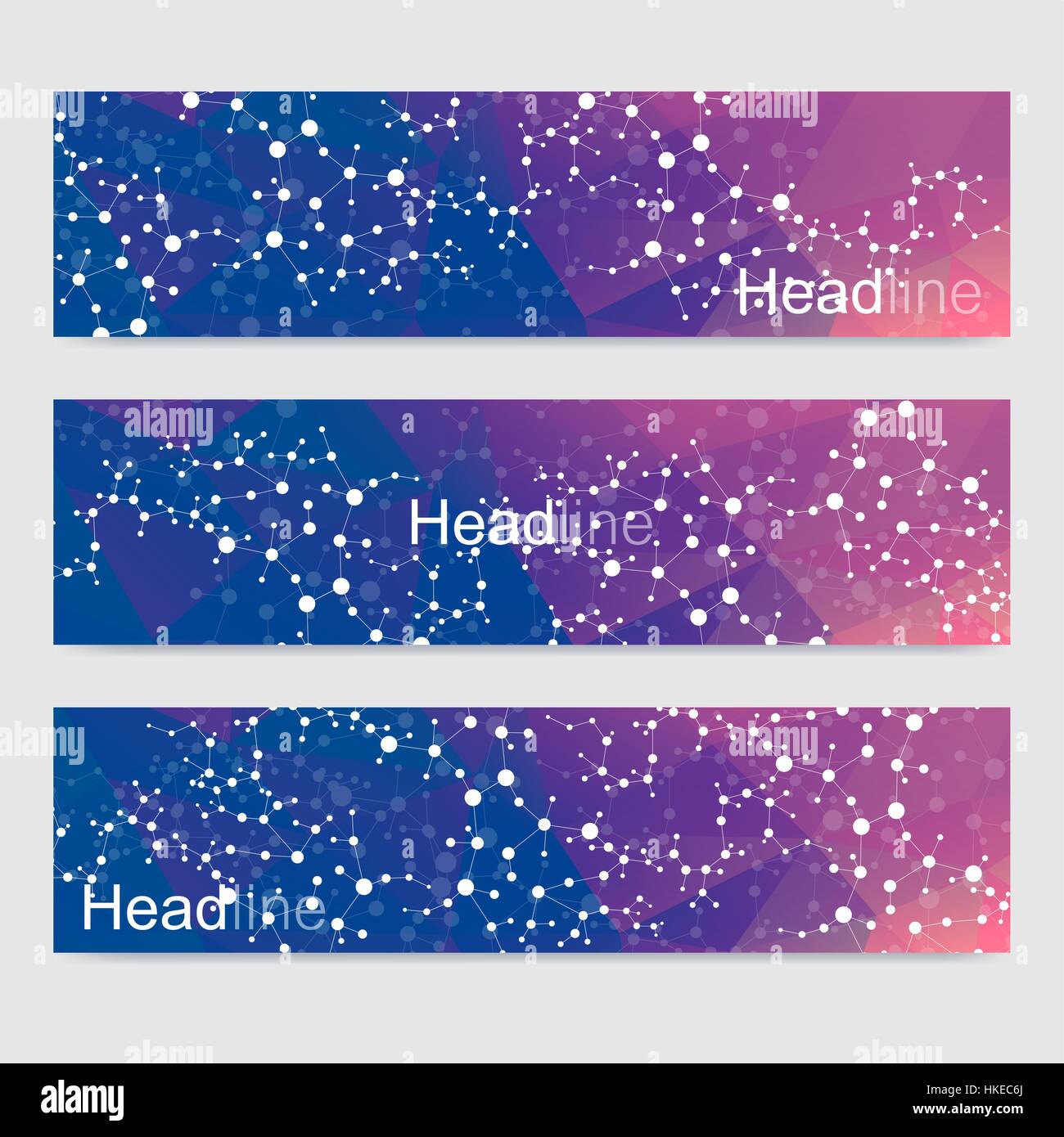 Set di scientifica di moderno vettore banner. Molecola di DNA struttura collegata con linee e punti. Scienza sfondo vettoriale. Medico, tecnology, chimica design. Illustrazione Vettoriale