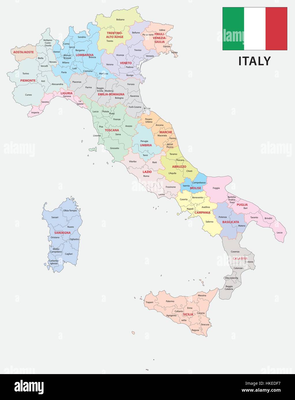 Italia politica e amministrativa di mappa con bandiera Illustrazione Vettoriale