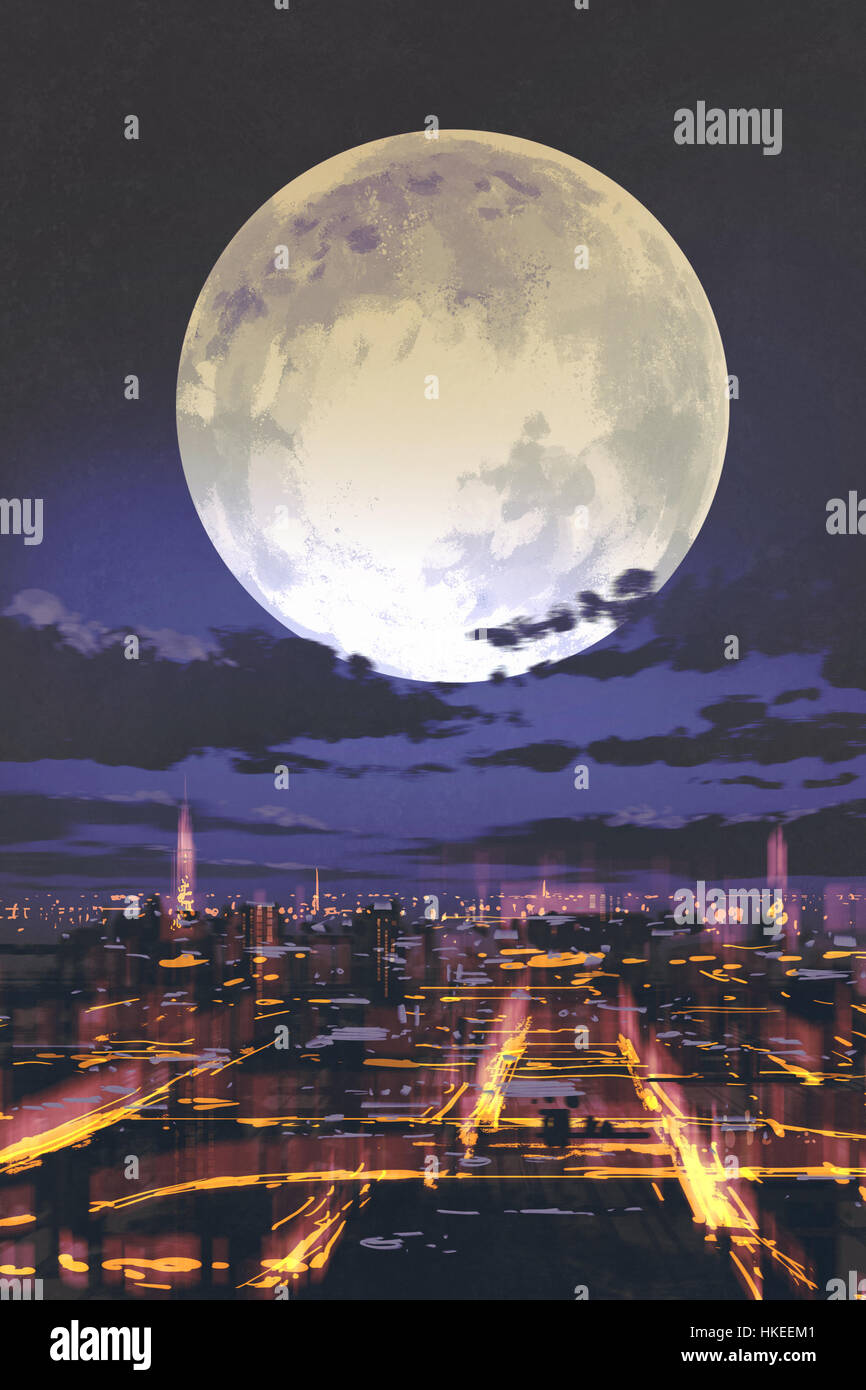 Paesaggio di notte di luna piena per tutta la notte dello skyline della città con luce colorata, illustrazione pittura Foto Stock