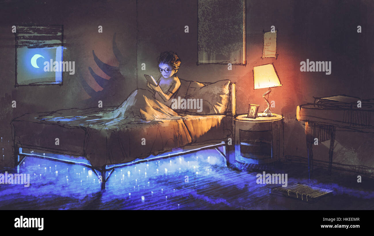 Ragazzo lettura compressa nella camera da letto e qualcosa sotto il letto,illustrazione pittura Foto Stock