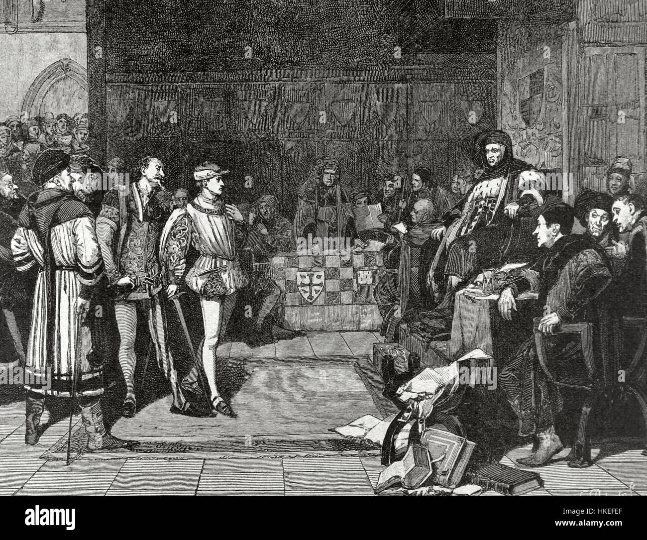 Enrico V d'Inghilterra (1387-1422). Re d'Inghilterra. Il Principe di Galles (futuro Enrico V) prima di giudicare Gascoigne. Incisione di C. Roberts dopo la pittura di Glindoni. La illustrazione iberica (La Ilustracion iberica), 1885. Foto Stock