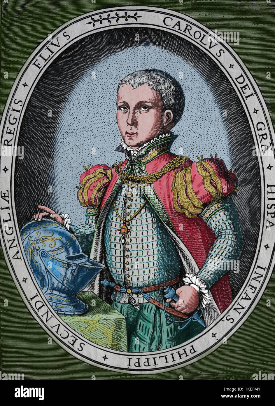 Carlos, principe dell'Austria (1545-1568). Figlio del Re Filippo II di Spagna. Ritratto. Incisione di H. Goks. Foto Stock