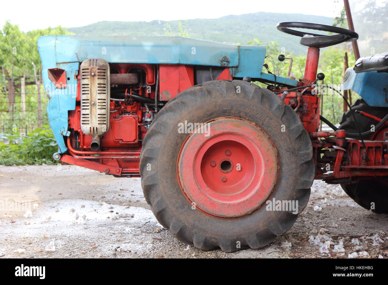 Ruota di un vecchio trattore. La Bosnia ed Erzegovina, 2016/06/03. Foto Stock