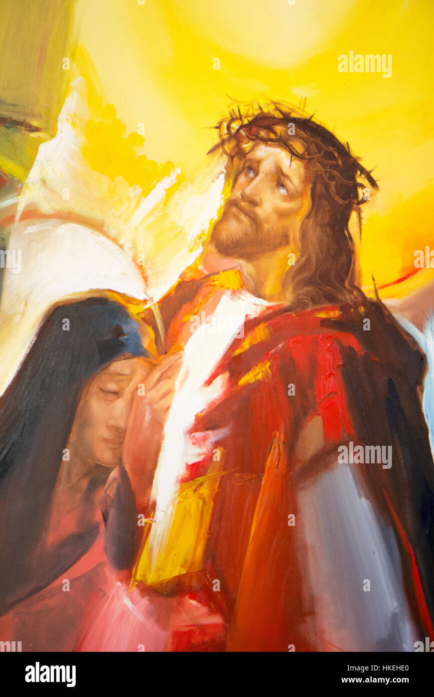Pittura di Cristo sofferente con una corona di spine che incontra sua Madre, la Beata Vergine Maria. Trovato in una cappella in Majčino selo (villaggio della Madre). Foto Stock