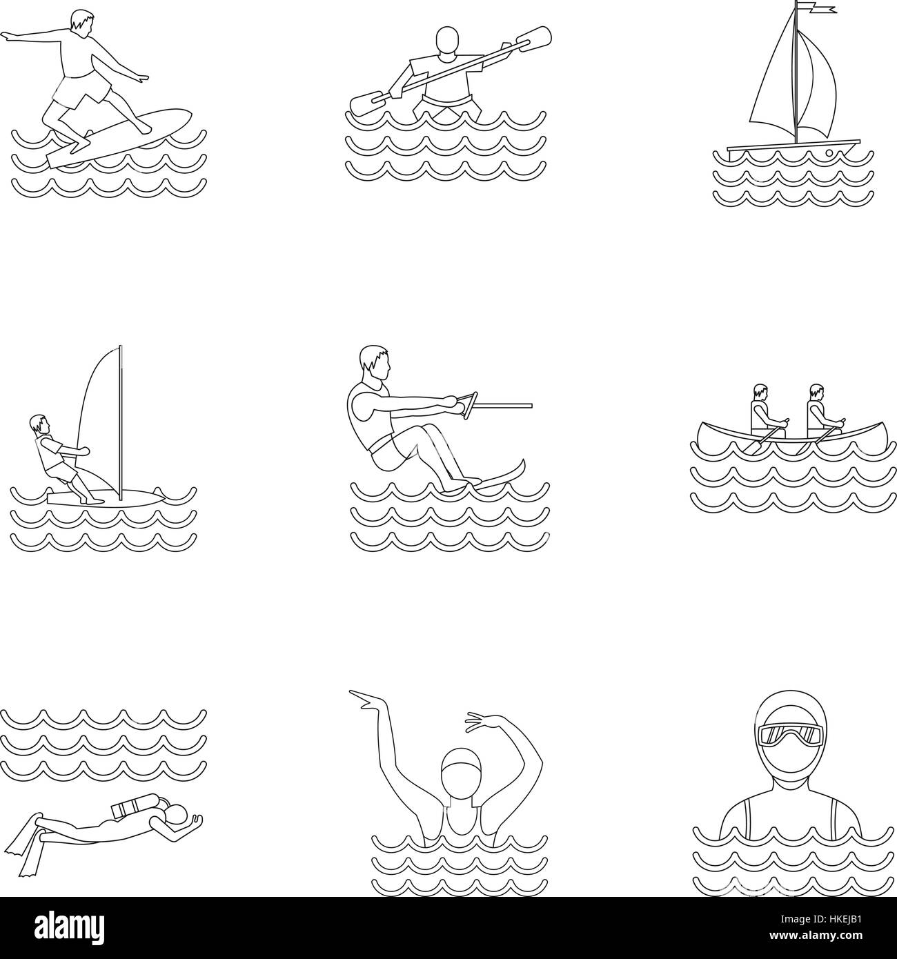 Active sport d'acqua set di icone. Schema Illustrativo del 9 active sport acquatici icone vettoriali per il web Illustrazione Vettoriale