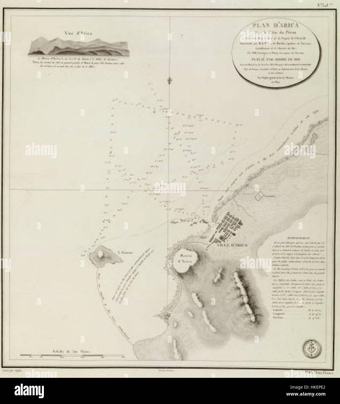 Il "Plan d'Arica" (1824) è una mappa dettagliata della città di Arica, in Cile, che riflette la pianificazione urbana dei primi anni del XIX secolo. Questo documento storico fornisce preziose informazioni sullo sviluppo della città durante il periodo post-coloniale. Foto Stock