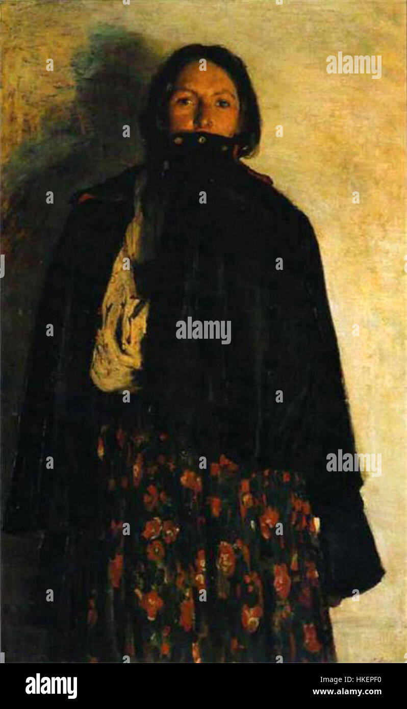 Il dipinto di F. Malyavin del 1894 "donna contadina che nasconde la bocca" riflette la profondità emotiva e il crudo realismo della vita contadina russa alla fine del XIX secolo. L'opera evidenzia la maestria di Malyavin nel raffigurare la vita interiore dei suoi soggetti attraverso la ritrattistica espressiva. Foto Stock