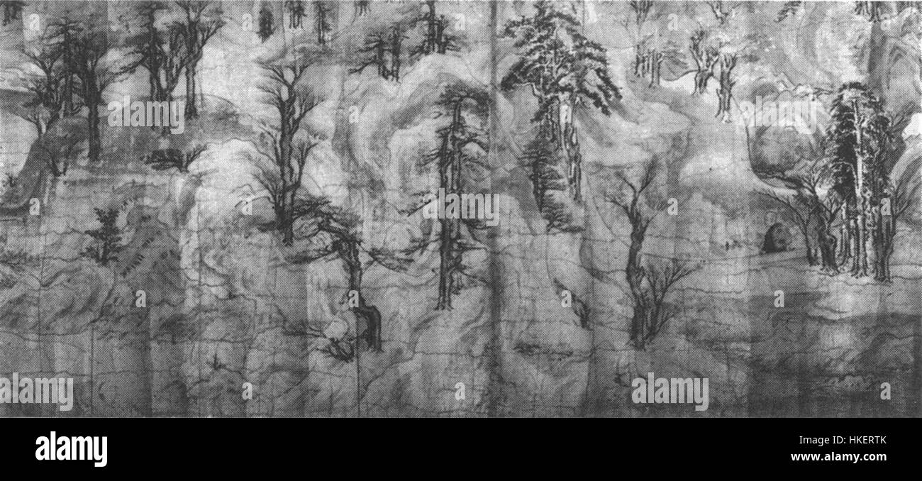 Questa narrazione dipinta giapponese, "Saigyo Monogatari Emaki", illustra la vita e i viaggi del poeta Saigyo. Il dipinto è un esempio di tradizionale emaki giapponese (pergamene dipinte) del periodo Heian. Foto Stock