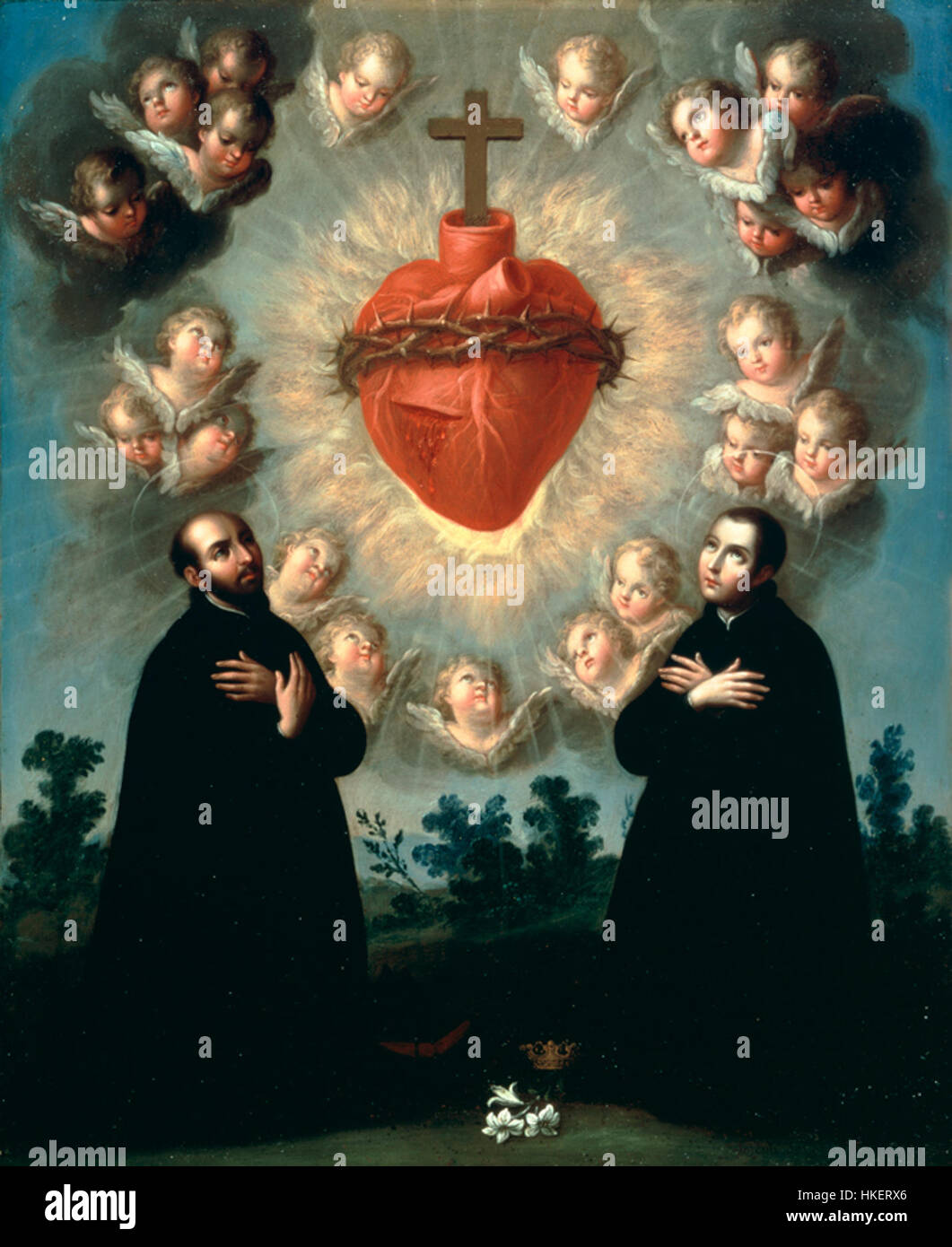 Il dipinto "Sacro cuore" del 1770 è un'opera religiosa raffigurante il Sacro cuore di Gesù, un simbolo significativo nell'iconografia cristiana. Il pezzo evidenzia gli aspetti sacri e devozionali della fede, concentrandosi sulla rappresentazione del cuore di Cristo e dei simboli circostanti. Foto Stock