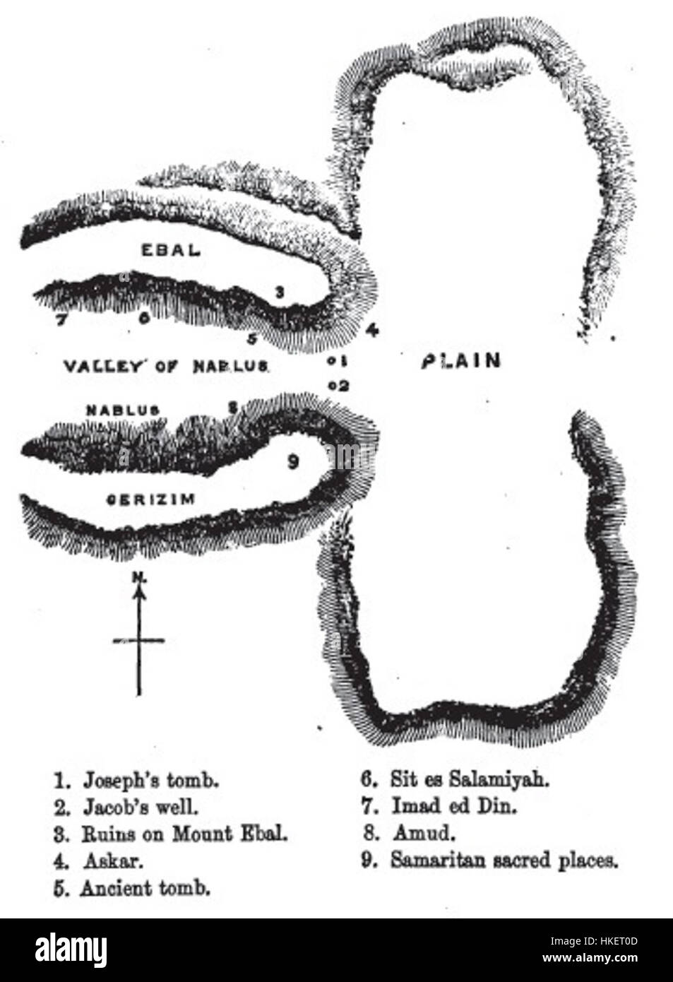 La mappa di Nablus di John Mills del 1864 offre una rappresentazione dettagliata della geografia della città durante il XIX secolo. La mappa è un prezioso documento storico che mostra lo sviluppo urbano e la cartografia dell'epoca. Foto Stock